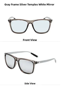 Front and 45-degree views of square polarized sunglasses with silver mirror lenses