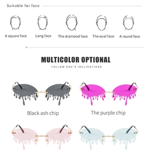 Detailed guide showing melting tear-shaped rimless sunglasses in multiple vivid colors