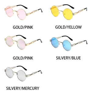 Steampunk round sunglasses shown in multiple color options like gold pink and silver blue