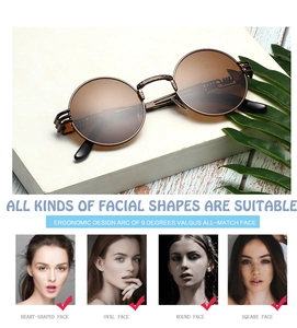 Detail view of steampunk metal spring legs and retro carvings on bronze round sunglasses