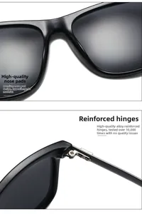 Detail of durable alloy hinges and ergonomic nose pads on black polarized sunglasses