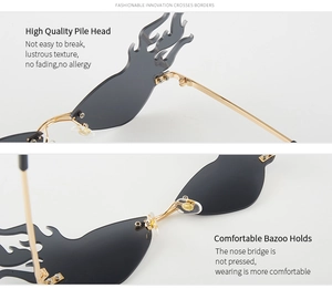 Detail view of flame-shaped rimless sunglasses showing reinforced hinges and nose pads