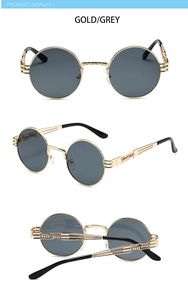 Steampunk round sunglasses with gold metal frames and detailed carved spring legs