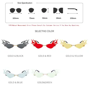 Size chart and dimensions for flame-shaped rimless sunglasses with metal frame details