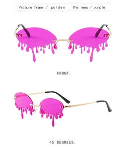 Front and 45-degree macro views of melting tear sunglasses with purple gradient lenses