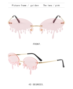 Detailed front and side views of gold rimless sunglasses with pink teardrop lenses