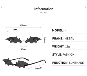 Detailed size specifications and weight info for bat wing shaped rimless sunglasses
