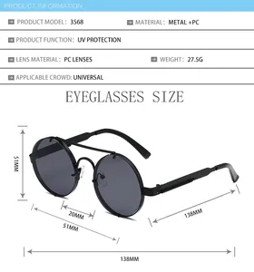 Detailed size chart for retro round sunglasses showing UV protection and frame dimensions