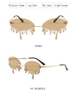 Detailed front and 45-degree views of golden teardrop sunglasses with light brown lenses