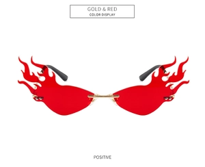 Front view of gold and red flame-shaped rimless sunglasses with cut-edge lenses
