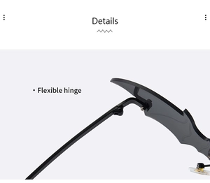 Detail view of the flexible hinge on frameless bat-shaped sunglasses with metal frame