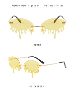 Detailed view of yellow melting teardrop sunglasses with gold metal frame from two angles