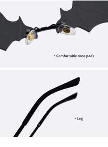 Detail view of comfortable nose pads and sleek temple arms of black bat sunglasses