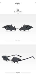 Front and side display of black bat wing shaped rimless sunglasses for gothic costume