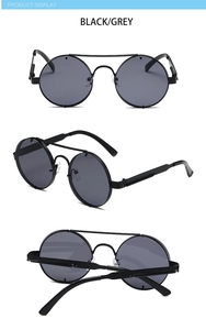 Detailed views of steampunk round sunglasses with black metal frames and spring hinges