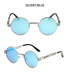 Macro detail of steampunk sunglasses with silver metal spring legs and blue lenses