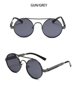 Detail of gunmetal round steampunk sunglasses with industrial spring hinge design