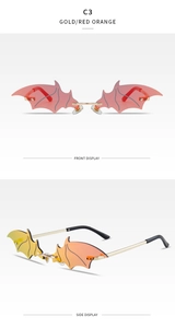 Detailed front and side views of rimless bat sunglasses with red-orange gradient lenses