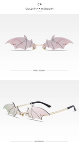 Detailed front and side views of rimless bat sunglasses with pink mercury lenses