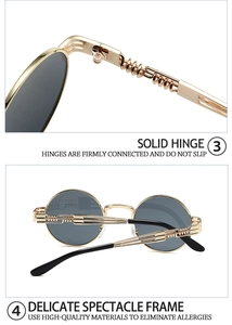 Detail of vintage steampunk sunglasses with gold metal spring hinges and round frames