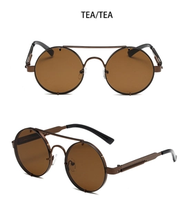 Macro detail of round steampunk sunglasses with tea lenses and spring temple design