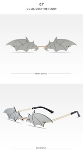 Detailed front and side views of grey mercury bat wing sunglasses with gold temples