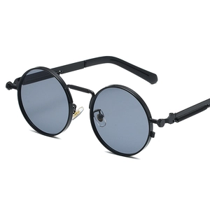 Punk steam retro sunglasses with matte black metal frame and blue-gray round lenses