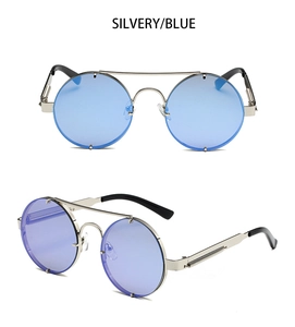Detail of round punk sunglasses featuring silver metal frame and blue lenses with spring hinges