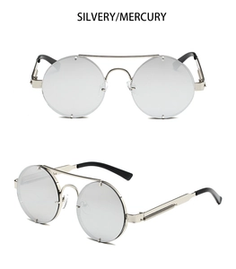 Detail view of silver round punk sunglasses with double bridge and spring hinge design