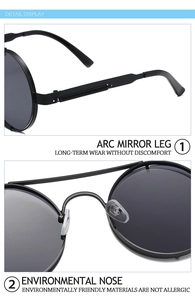 Detail view of round punk sunglasses featuring spring hinges and eco-friendly nose pads