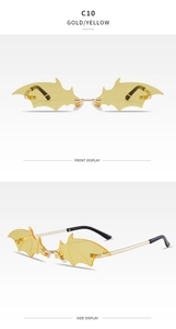 Detailed front and side views of frameless bat-wing sunglasses in gold and yellow