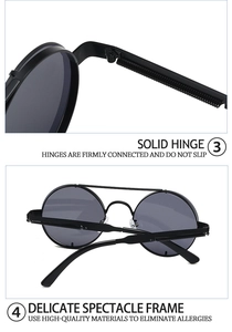Close-up of steampunk sunglasses showing metal spring hinge and matte black frame detail