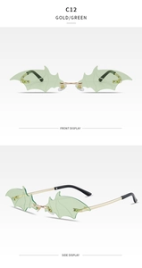 Detailed front and side views of rimless bat-shaped sunglasses with light green lenses