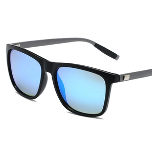 Classic square polarized sunglasses with blue mirrored lenses and a black frame for men