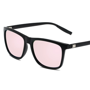 Classic square polarized sunglasses with glossy black frames and pink lenses