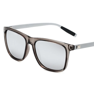 Polarized square sunglasses with semi-transparent grey frames and silver mirror lenses