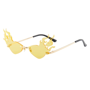 Fashion rimless flame shaped sunglasses with yellow lenses and gold metal temples