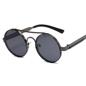 Retro punk round sunglasses for women with double bridge metal frame and spring hinges