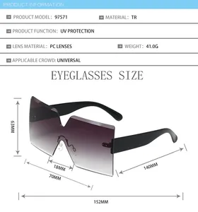 Detailed size chart and dimensions of the oversized frameless sunglasses with TR frame