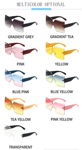 Detailed grid showing rimless oversized geometric sunglasses in nine vibrant gradient colors
