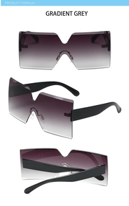 Three-view display of rimless oversized square sunglasses with gradient grey lenses