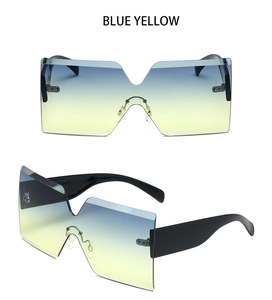 Detail of oversized rimless square sunglasses with blue-yellow gradient lenses and black temples