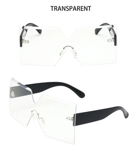 Detailed view of oversized rimless square sunglasses with transparent lenses and black temples