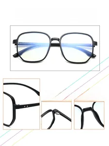 Detail view of large black TR90 frames showing hinges, nose pads and anti-blue light lenses
