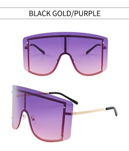Details einer Oversize-Shield-Sonnenbrille mit lila Verlaufsgläsern und Goldnieten