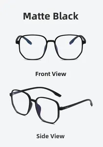 Detailed front and side views of matte black TR90 large frame polygon eyeglasses