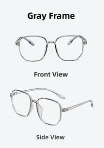 Front and side view of grey transparent TR90 polygon oversized eyeglass frames