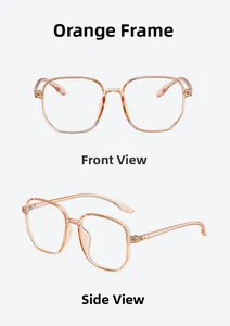 Front and side view of orange oversized polygon TR90 eyeglass frames for fashion