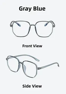 Front and side views of transparent grey-blue oversized square TR90 eyewear frames