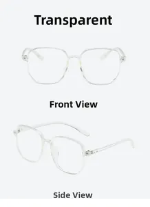 Front and side view of oversized transparent TR90 frames with durable metal hinges